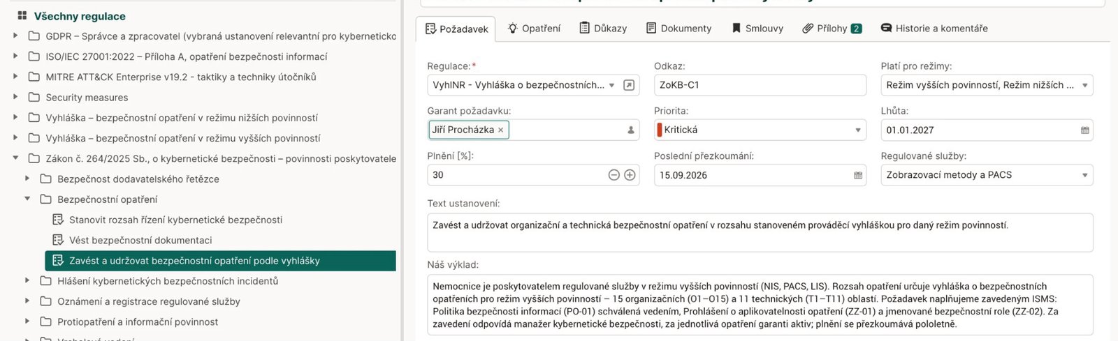 Požadavky podle regulací s detailem požadavku